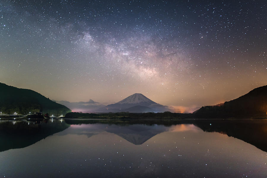 Mt.Fuji with milky way at shojiko reflection Lake , Yamanashi , Japan Photograph by Arutthaphon Poolsawasd