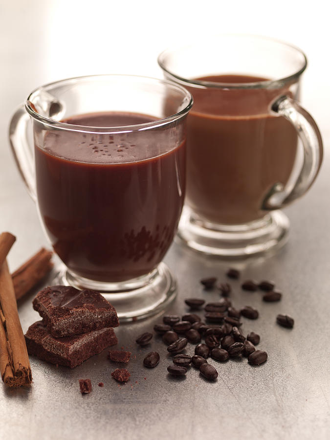 Mugs of Mexican Coffee with chocolate & cinnamon. Photograph by Victoria Pearson