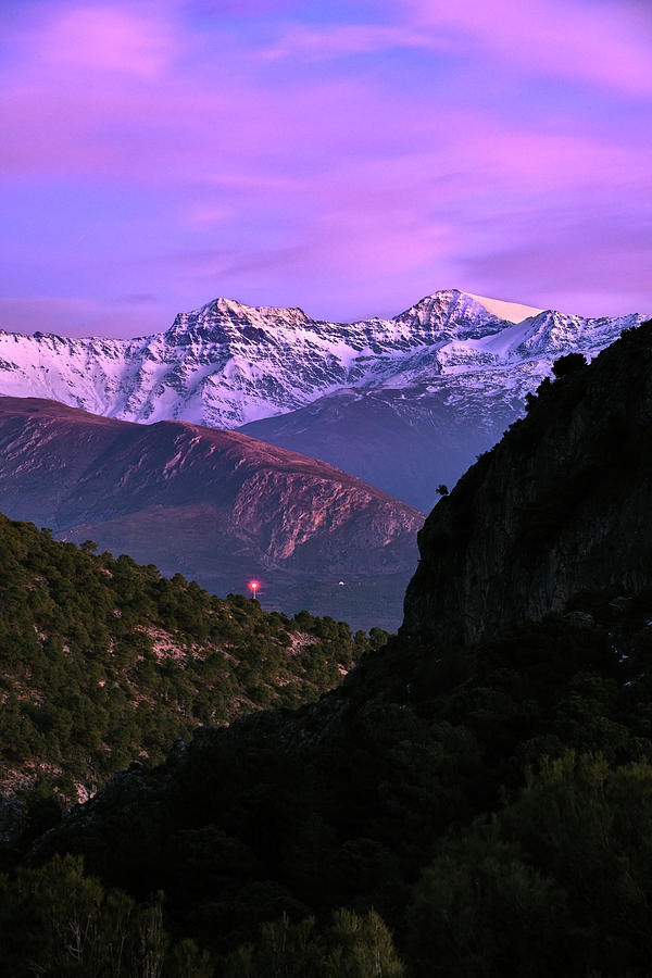 Mulhacen and Alcazaba mountain. Sierra Nevada at sunset. Winter time ...