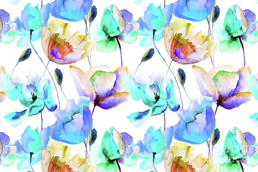 Multi Color Poppies and Tulips Watercolor Pattern  Painting by PIPA Fine Art - Simply Solid