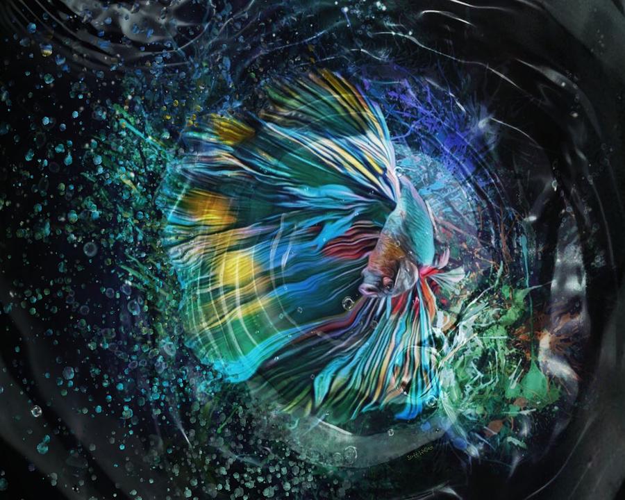 Multi Colored Neon Betta Fish  Aquatic Action Portrait Digital Art by Scott Wallace Digital Designs