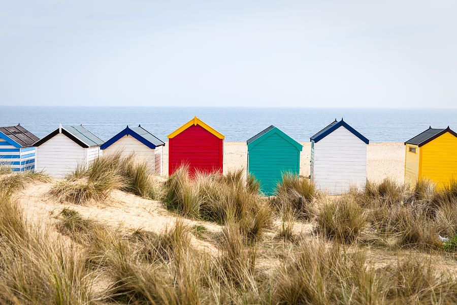 Multi-Coloured beach huts on sandy beach Photograph by Alex Walker