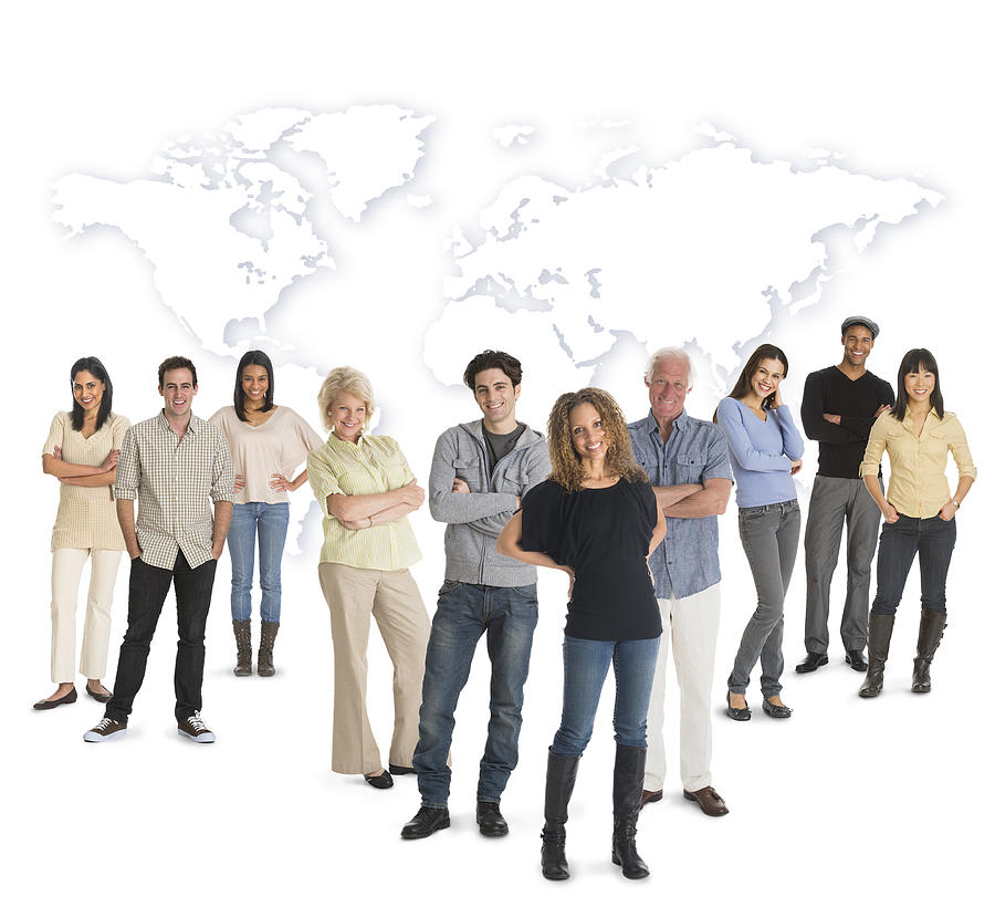 Multi-racial mixed race group of people posing together, world map in background Photograph by Tetra Images