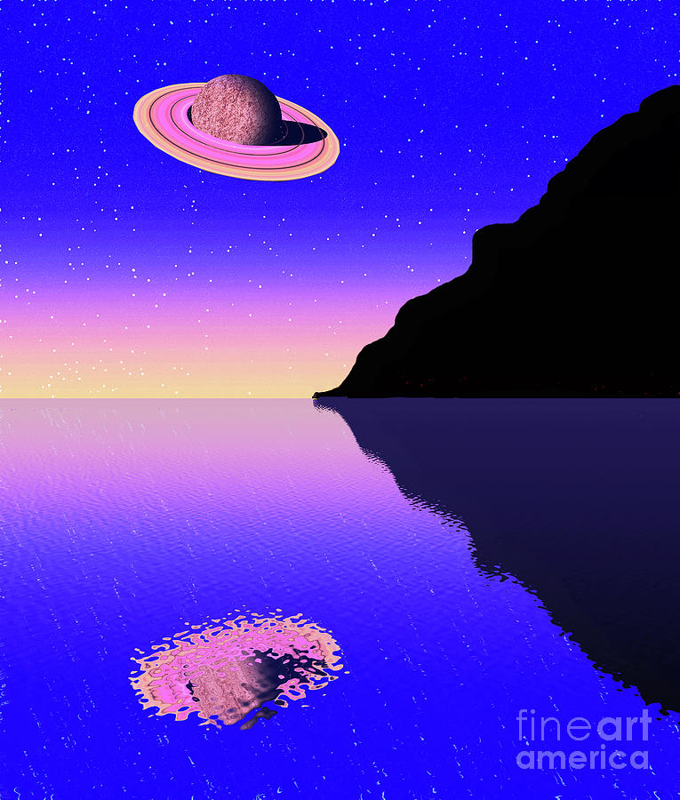 Multi ringed Saturn like planet reflecting on a body of water Digital Art by Timothy OLeary