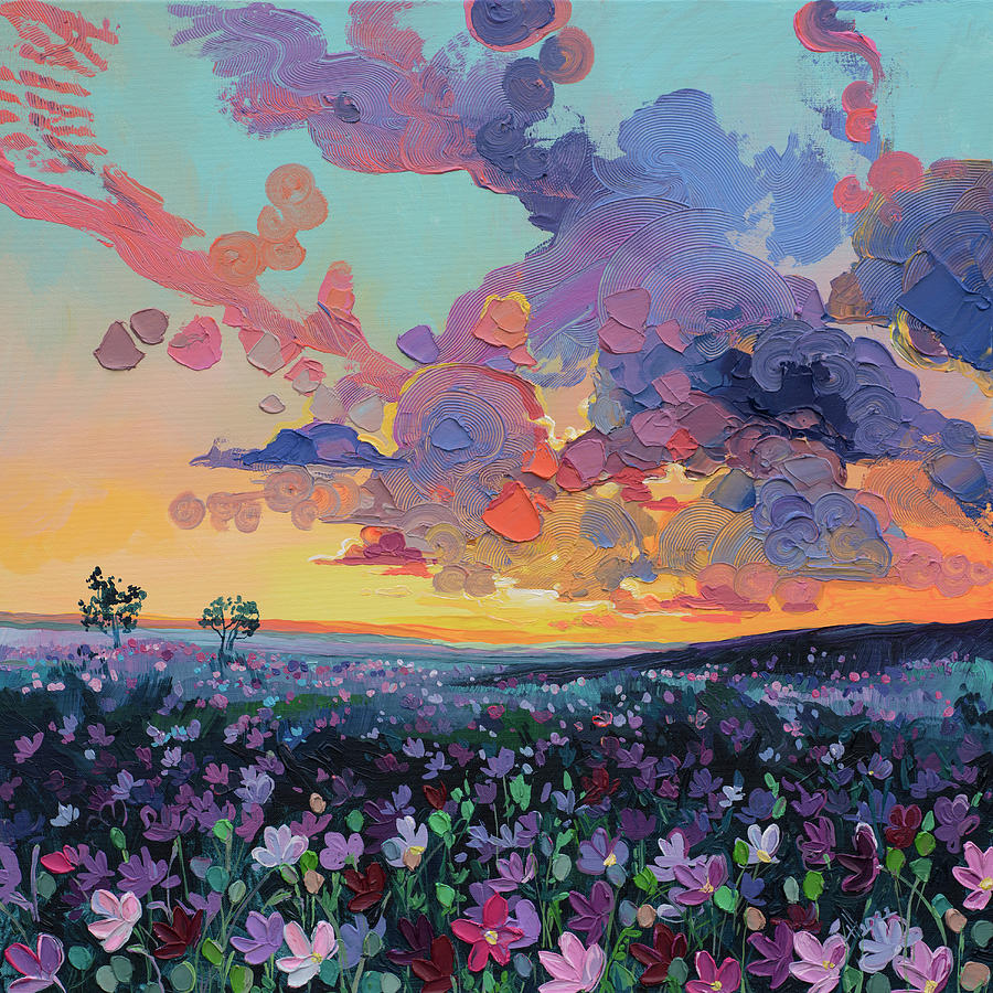 Sunset Painting - Multicolored daisies by Anastasia Trusova