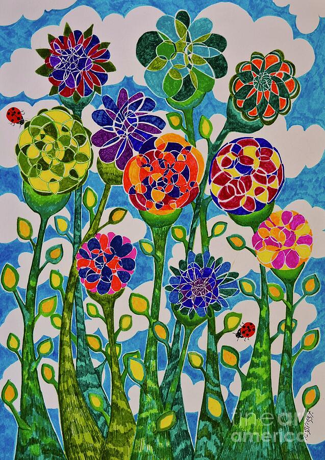 Multicolored Flowers And Ladybirds Drawing