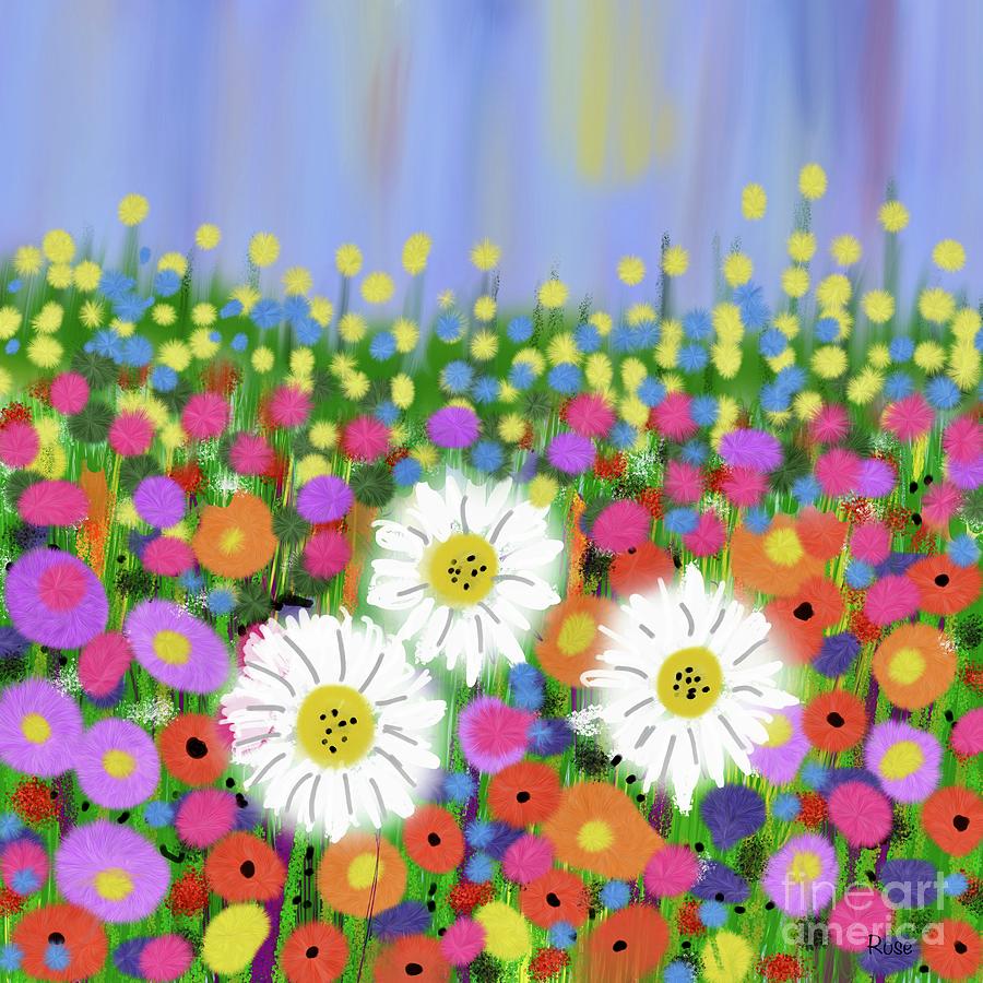 Multicoloured flowers moving gently in the breeze  Digital Art by Elaine Hayward