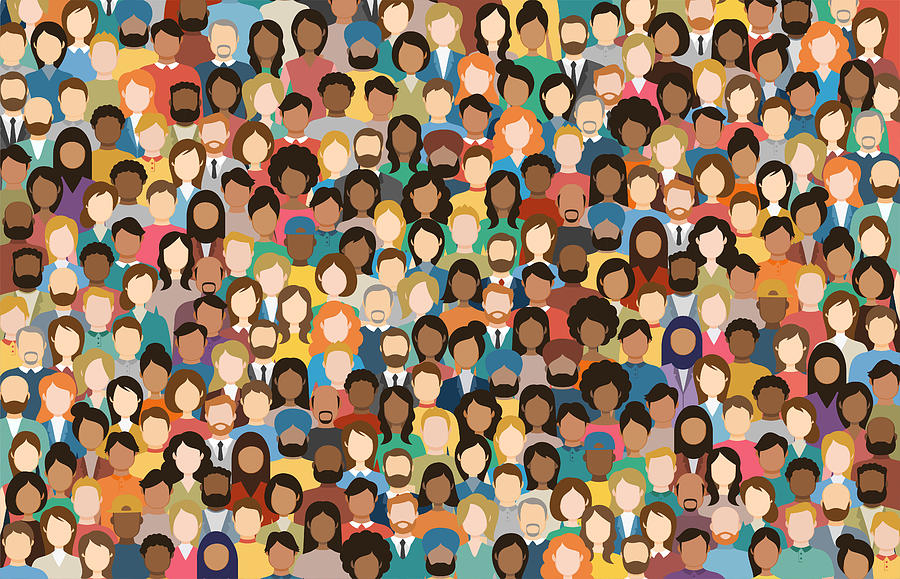 Multicultural Crowd of People. Group of different men and women. Young, adult and older peole. European, Asian, African and Arabian People. Empty faces. Vector illustration. Drawing by PeterPencil