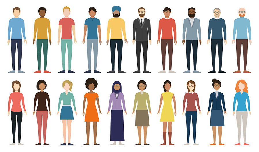 Multicultural group of people. Set of different men and women. Full Height Figures. Young, adult and older peole. European, Asian, African and Arabian People. Diverse Empty Faces. Vector illustration. Drawing by PeterPencil