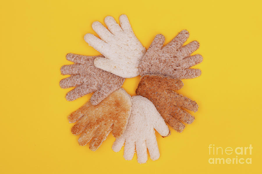 Multicultural hands circle concept made from bread Photograph by Simon Bratt
