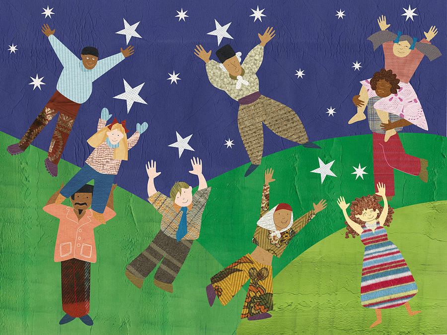 Multicultural people reaching for the stars Drawing by Muriel Frega