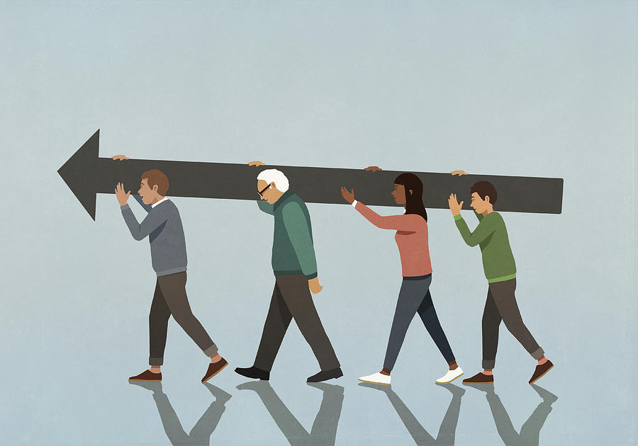 Multiethnic community carrying large arrow Drawing by Malte Mueller
