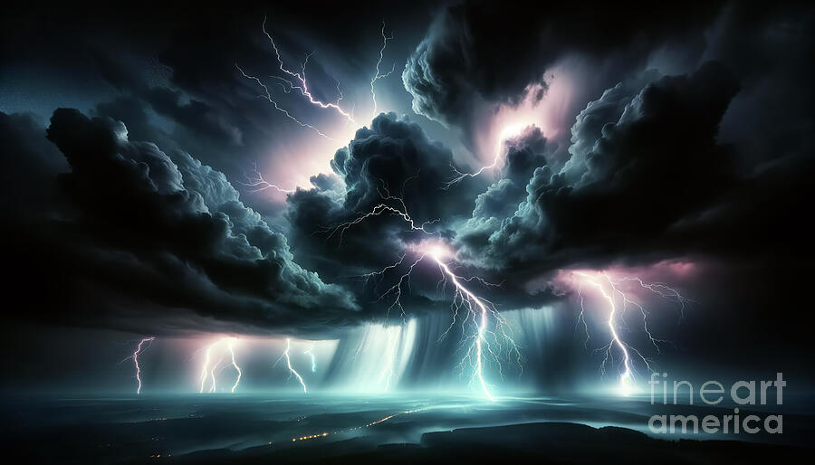 Multiple bolts of lightning strike the ground from a menacing storm cloud under a dark sky Digital Art by Odon Czintos