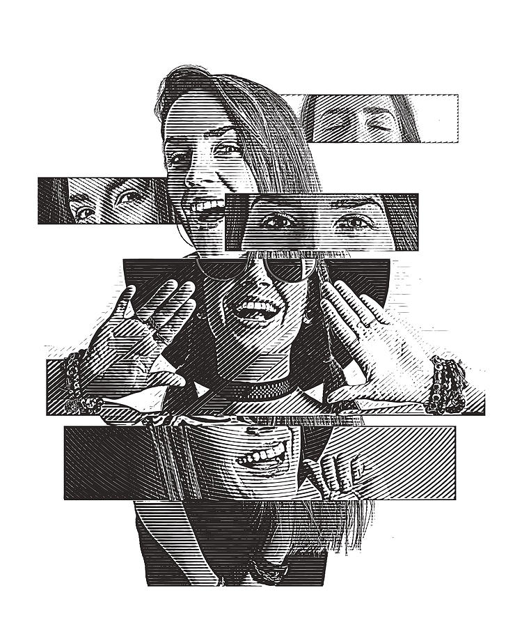 Multiple exposure of a cheerful woman with positive emotions Drawing by GeorgePeters