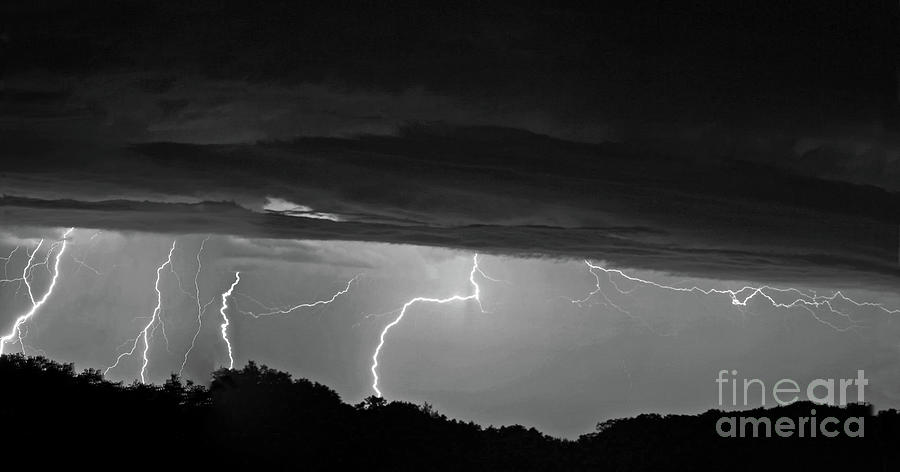 Multiple Lighting Strikes Woods clouds composite panorama Photograph by Pete Klinger