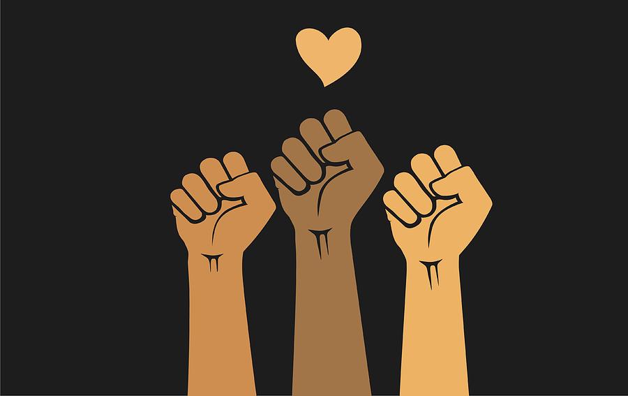 Multiracial human hands raised with clenched fists and heart shape, isolated on a black background. Protest concept for justice and civil rights. Drawing by Effi