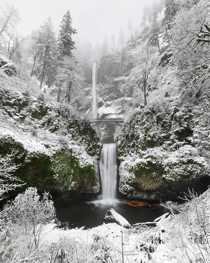 Multnomah Falls in Oregon with Winter Snow Photograph by Tom Schwabel