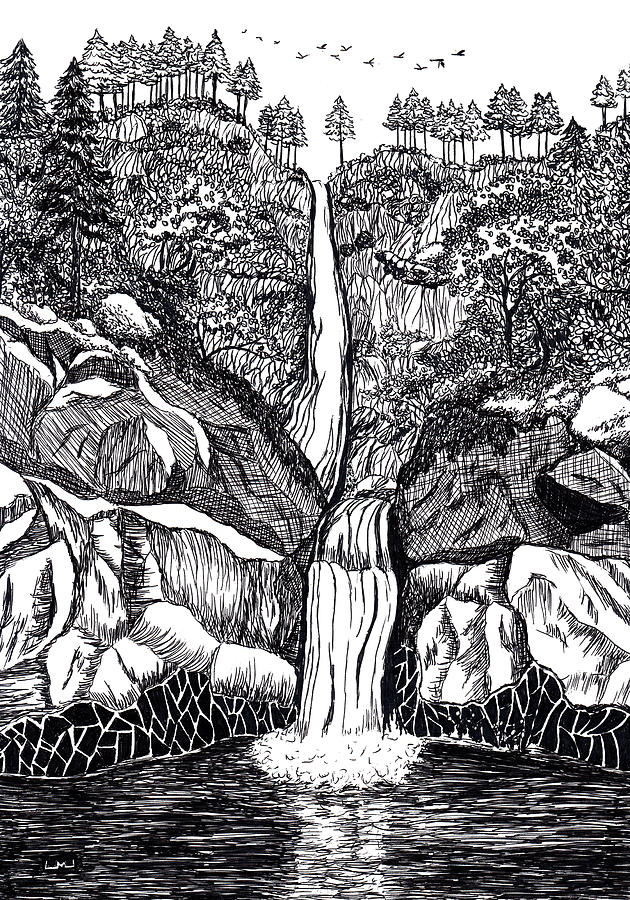Multnomah Falls Long Ago Drawing by Laura Iverson