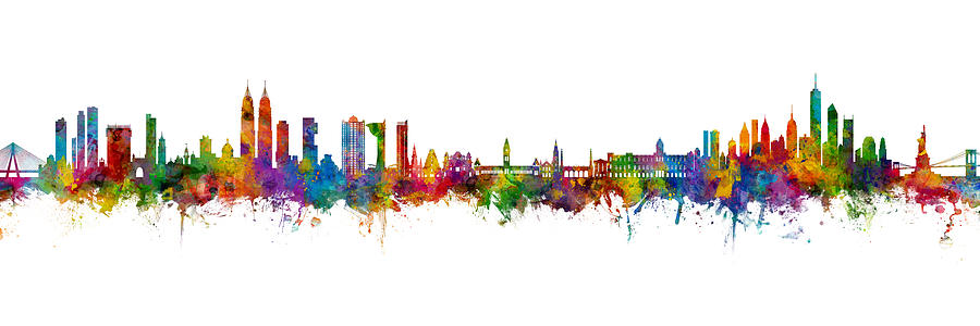 Mumbai, Chennai and New York Skyline Mashup Digital Art by Michael Tompsett
