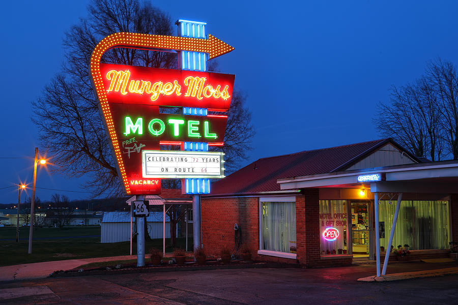Munger Moss Motel on Route 66 at night Photograph by Rainer Grosskopf