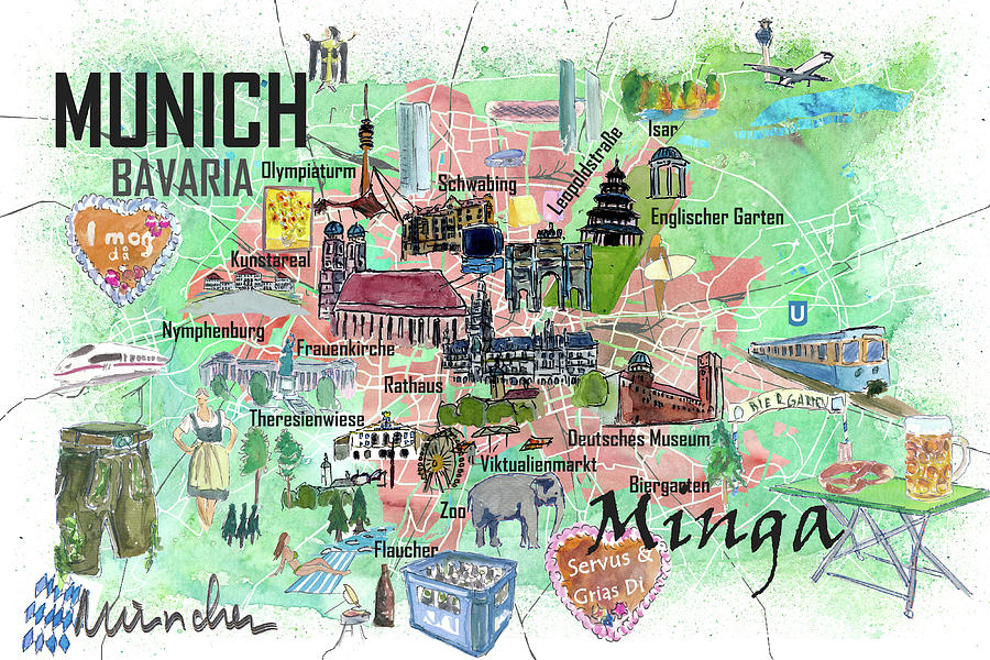 Munich Bavaria Germany Illustrated Travel Map with Roads and Tourist