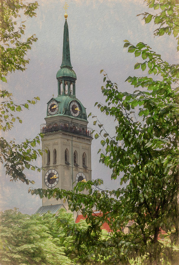 Munich Clock Tower, Painterly Photograph by Marcy Wielfaert