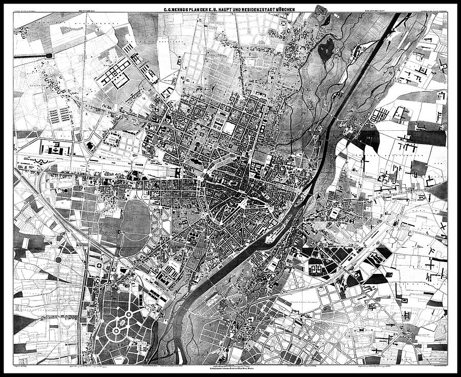 Munich Movie Photograph - Munich Germany Vintage Map 1880 in Black and White  by Carol Japp