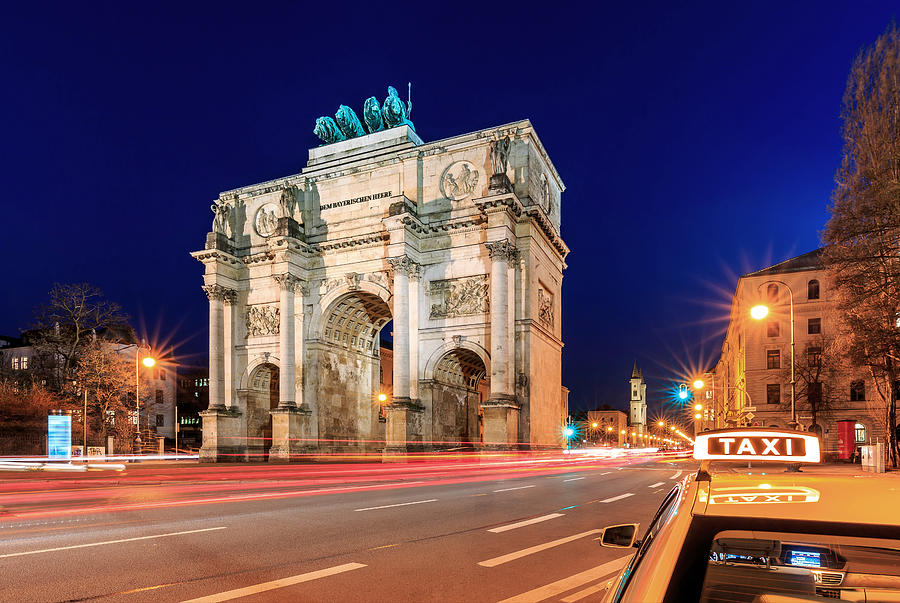 Munich Siegestor at blue hour wth Taxi-Sign (Bavaria, Germany) Photograph by Fhm