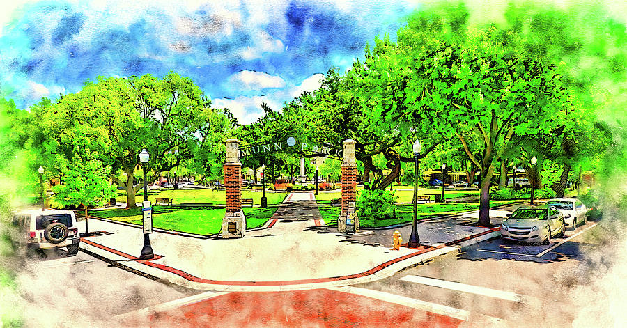 Munn Park in Lakeland, Florida - pen and watercolor Digital Art by Nicko Prints