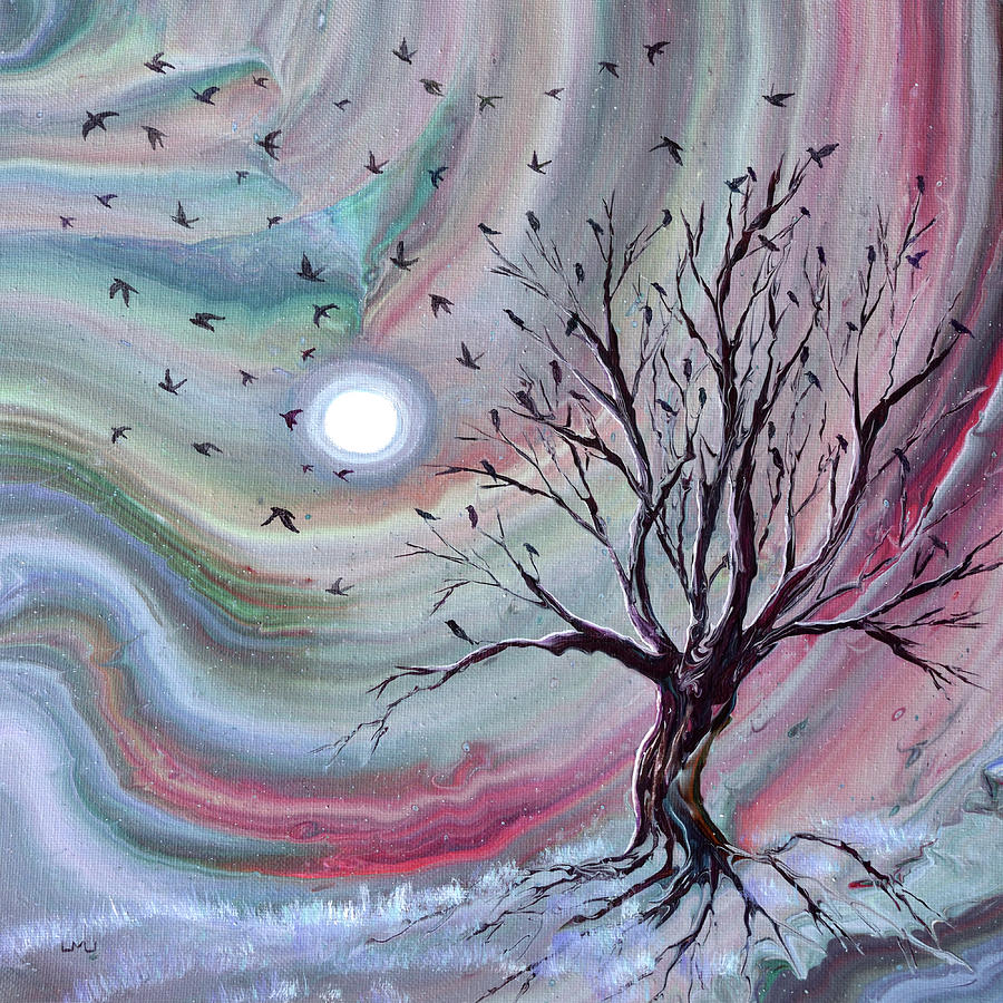 Murmuration from a Bare Tree Painting by Laura Iverson