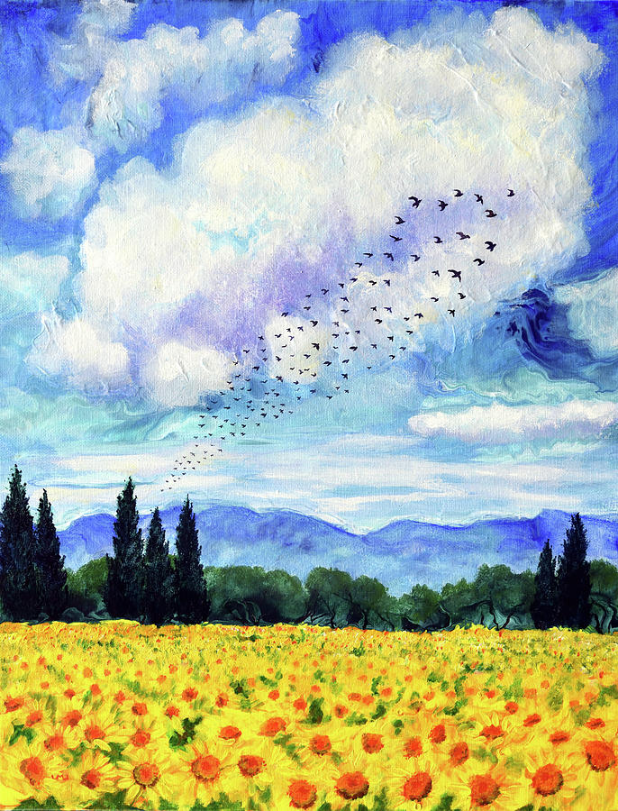 Murmuration over a Field of Sunflowers Painting by Laura Iverson