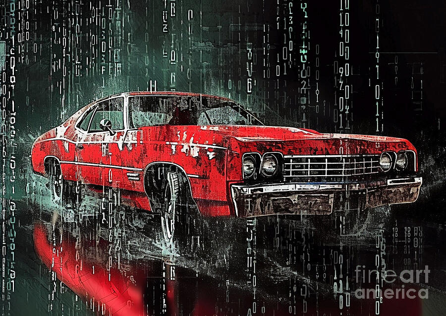 Red Painting - Muscle car binary code Chevrolet Impala SS 7th gen by Lowell Harann