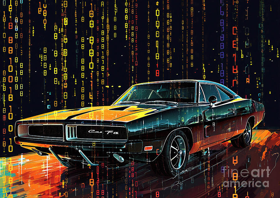 Classic Car Painting - Muscle car binary code Dodge Charger Shelby by Lowell Harann