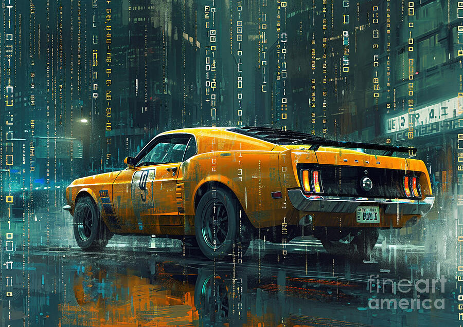 Classic Car Painting - Muscle car binary code Ford Mustang II by Lowell Harann