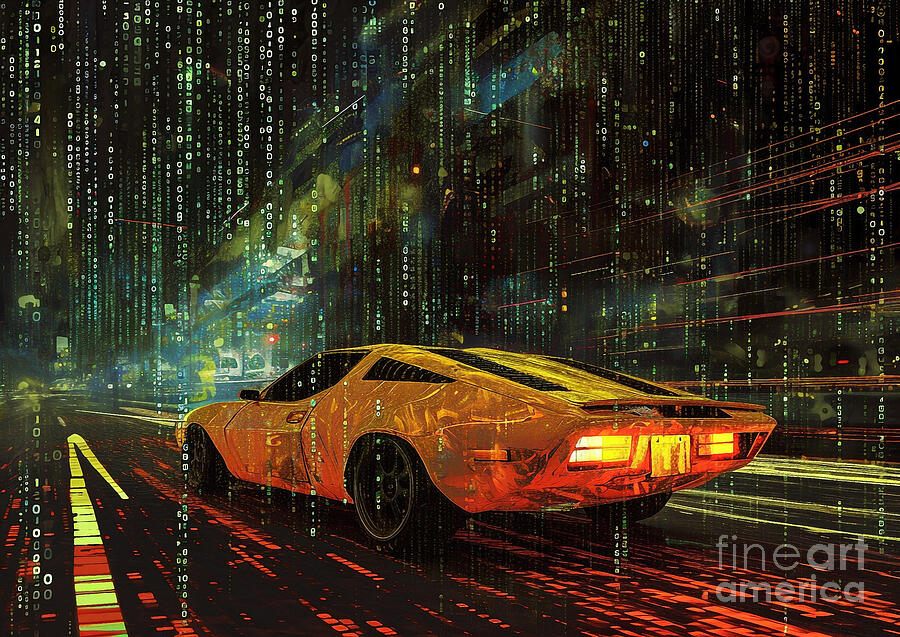 Cyberpunk Painting - Muscle car binary code Plymouth Laser by Lowell Harann