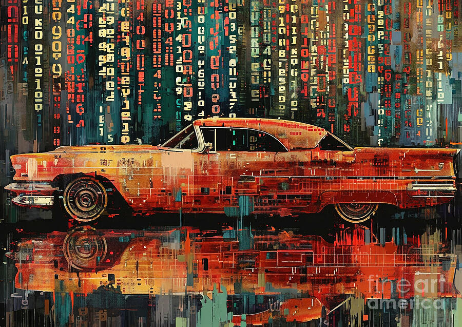 Classic Car Painting - Muscle car binary code Plymouth TRacing car by Lowell Harann