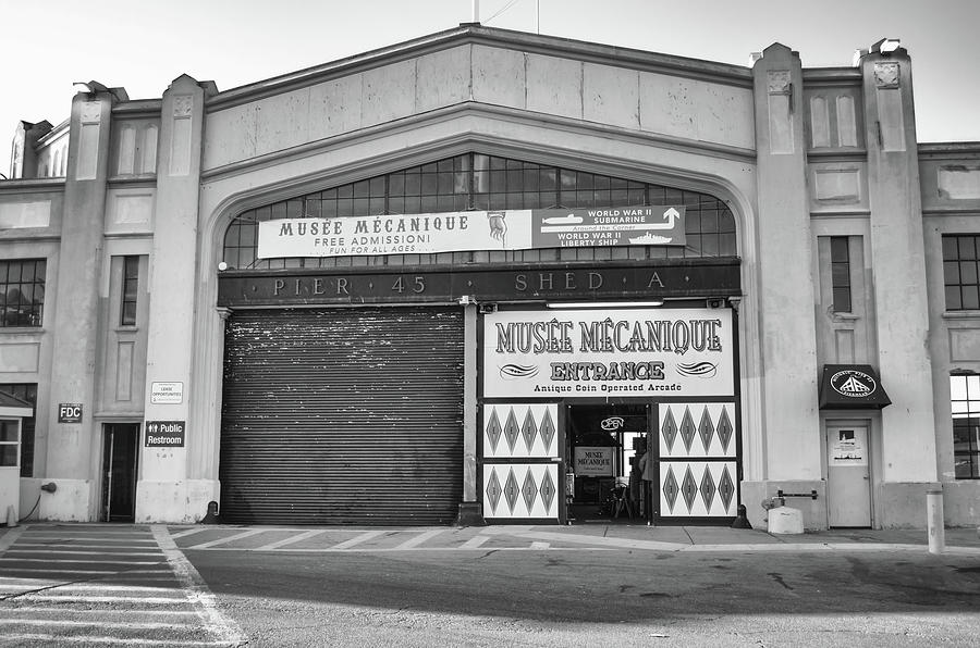 Musee Mecanique Antique Arcade Warehouse Entrance Pier 45 Fishermans Wharf San Francisco BW Photograph by Shawn OBrien