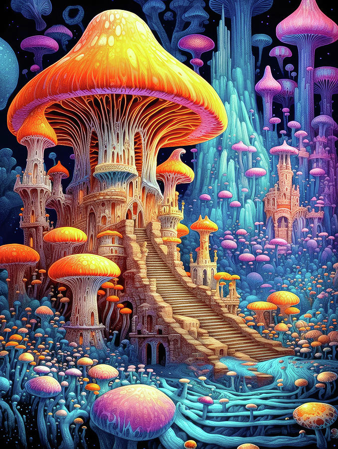 Mushroom City 19 Fantasy Art Illustration Style Digital Art by Matthias Hauser