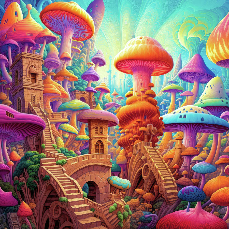 Mushroom City 29 Fantasy Art Illustration Style Digital Art by Matthias Hauser
