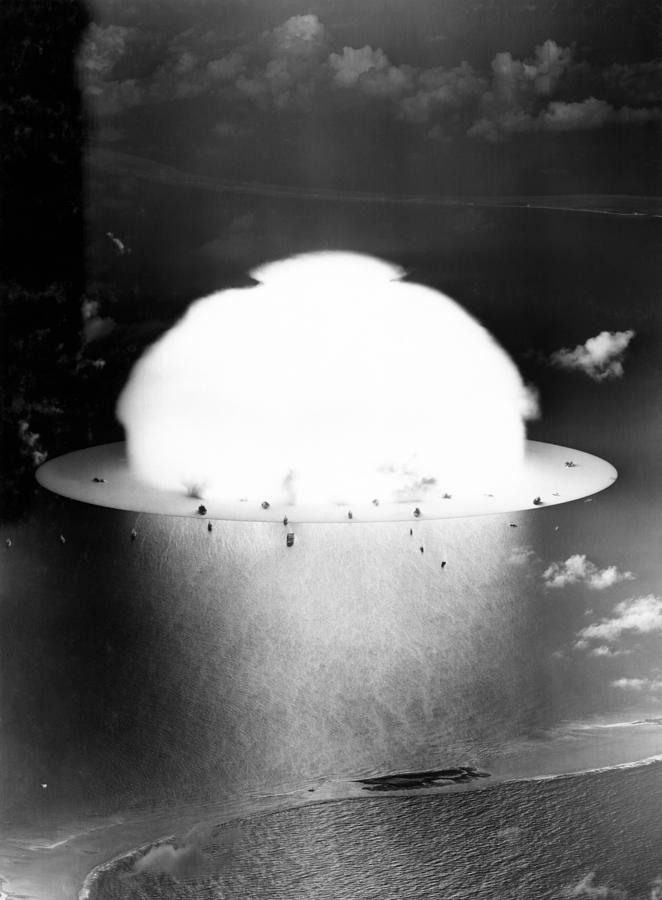 Mushroom Cloud Near Ships - Operation Crossroads - Bikini Atoll 1946 Photograph by War Is Hell Store
