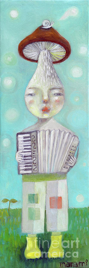 Mushroom musician plays accordion Painting by Manami Lingerfelt