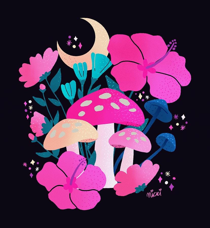 Mushrooms and Hibiscus Dreams Pink in Midnight Blue Digital Art by ...
