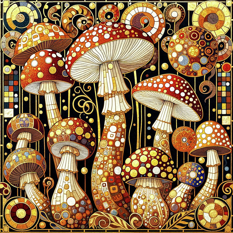 Mushrooms in the style of Gustav Klimt Digital Art by Nancy Levan