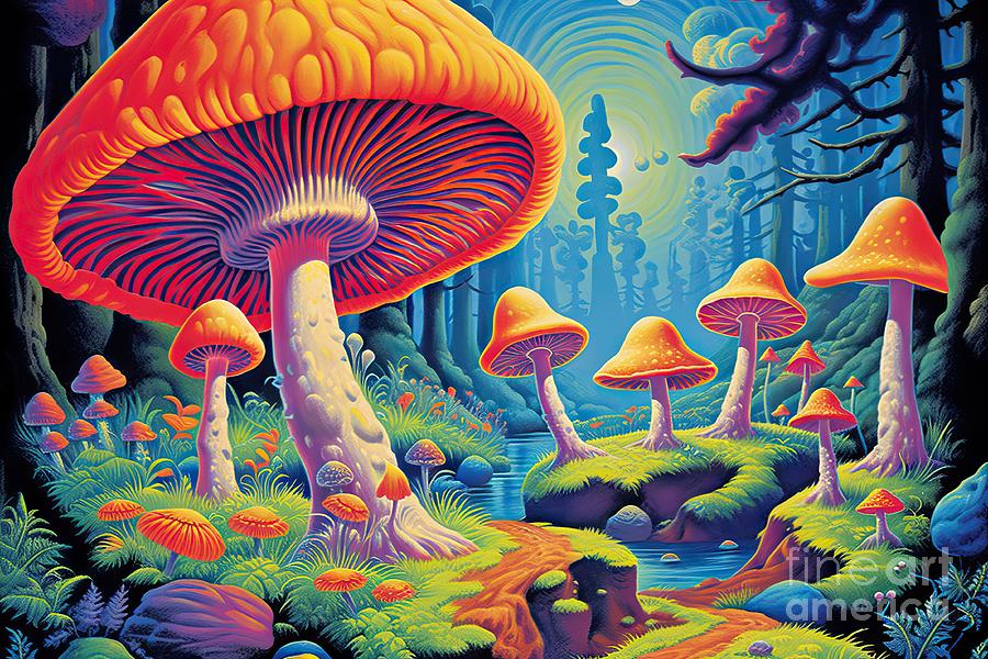 Mushroom Painting - Mushrooms Psychedelic Bright mushroom hallucinogen illustration colourful art magic design background flower child cartoon print graphic abstract hallucination retro 70s trip 60s nature spiritual by N Akkash