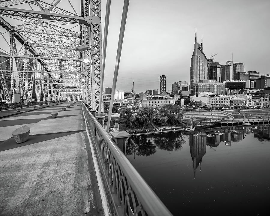 Music City Skyline From The Pedestrian Bridge - Nashville Monochrome Photograph by Gregory Ballos