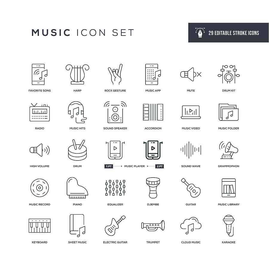 Music Editable Stroke Line Icons Drawing by Enis Aksoy