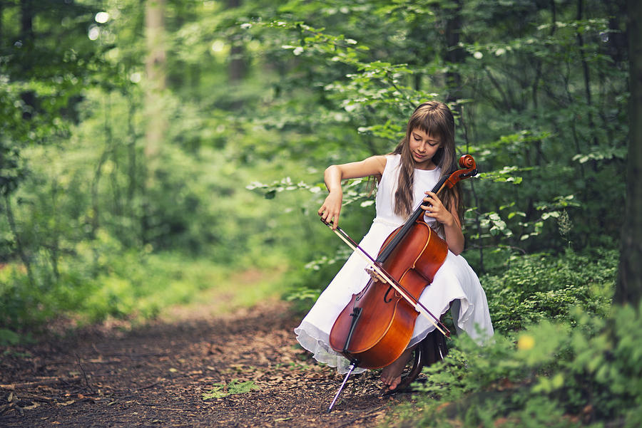 Music of nature - little cellist playing in beautiful forest Photograph by Imgorthand