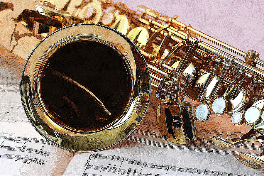 Music Painting - Music - saxophone, instrument, sheet, golden by Art Market America