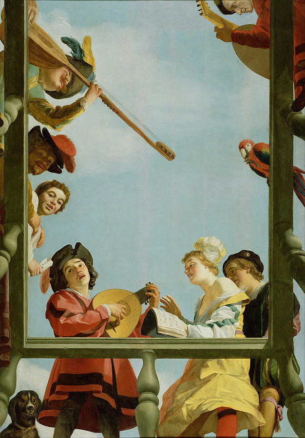 Gerrit Van Honthorst Painting - Musical Group on a Balcony. Oil on panel, dated 1622. by Gerrit van Honthorst
