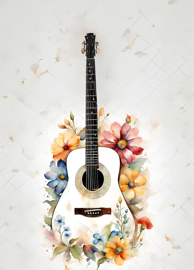 Musical Guitar With Flowers In Watercolor Painting